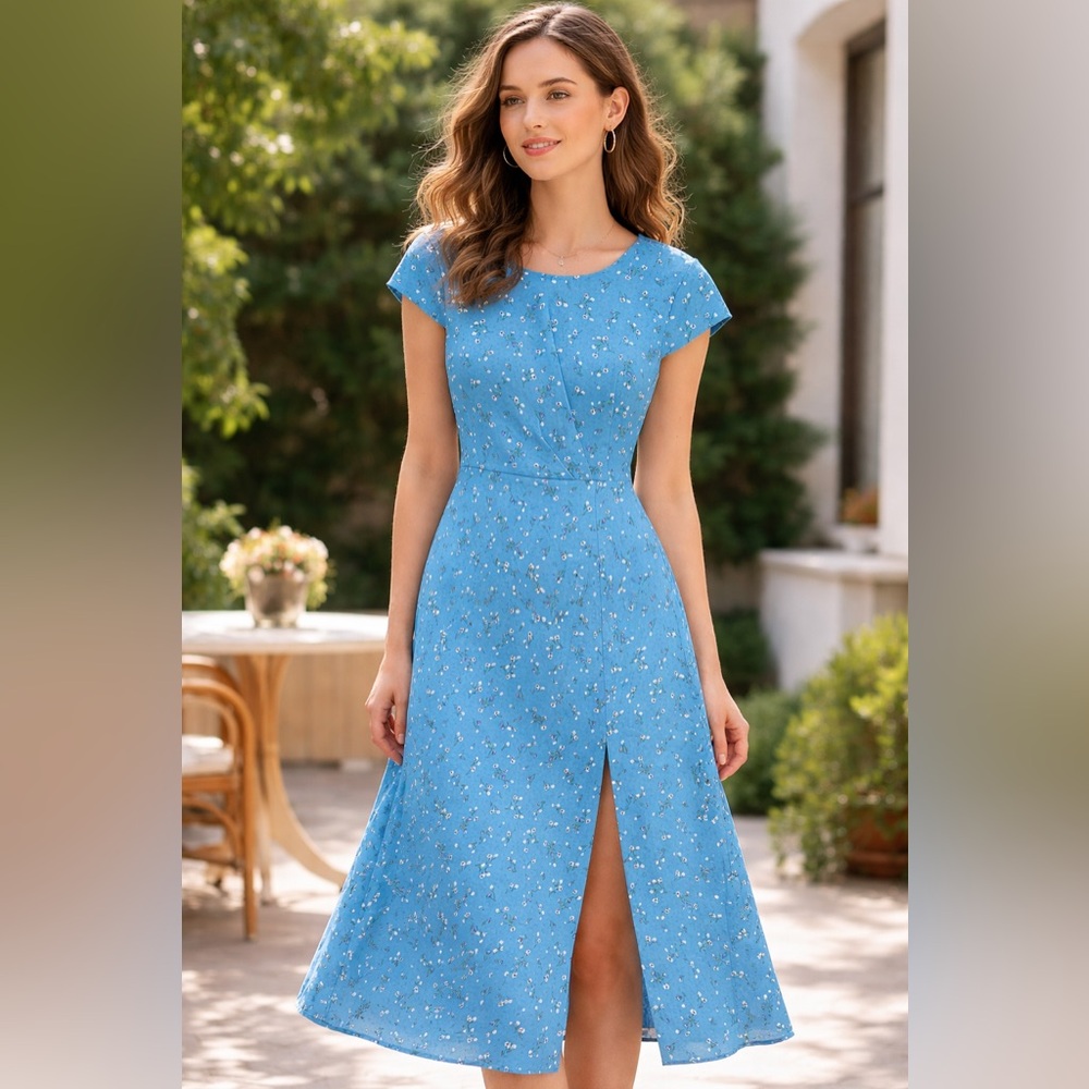 RW&CO. Teal Floral Maxi Dress with Cap Sleeves